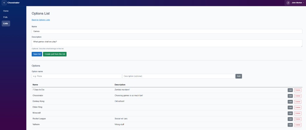 Create an options list